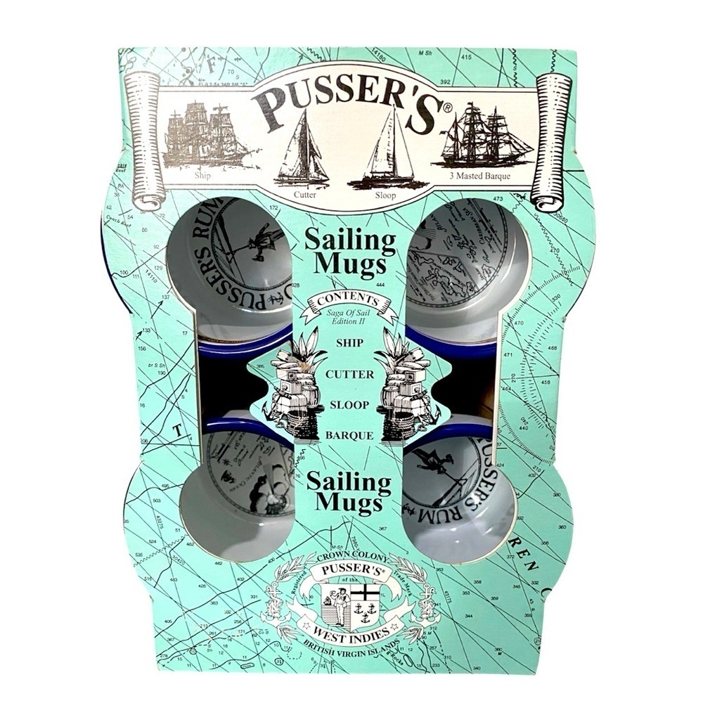 New Vintage Pusser’s Rum British Sailing 4 Set Mugs Emamel Tin Barware Deadstock
